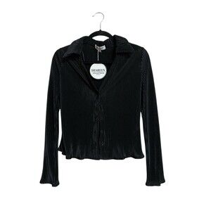 Shareen Collections Marnie Black Plisse Pleated Button Front Blouse 10 NWT